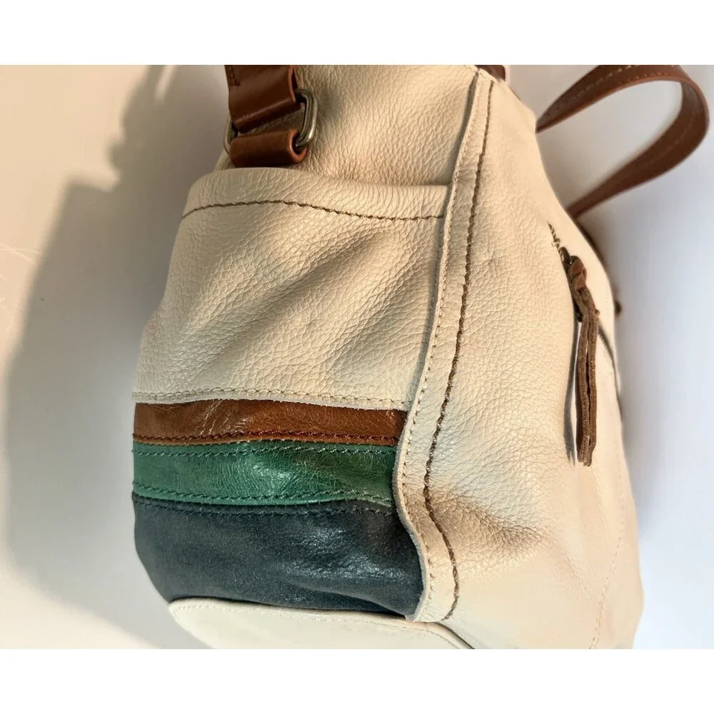 The Sak Kendra Leather Satchel Bag Cream Tan Blue Green Colorblock NWT 1990's